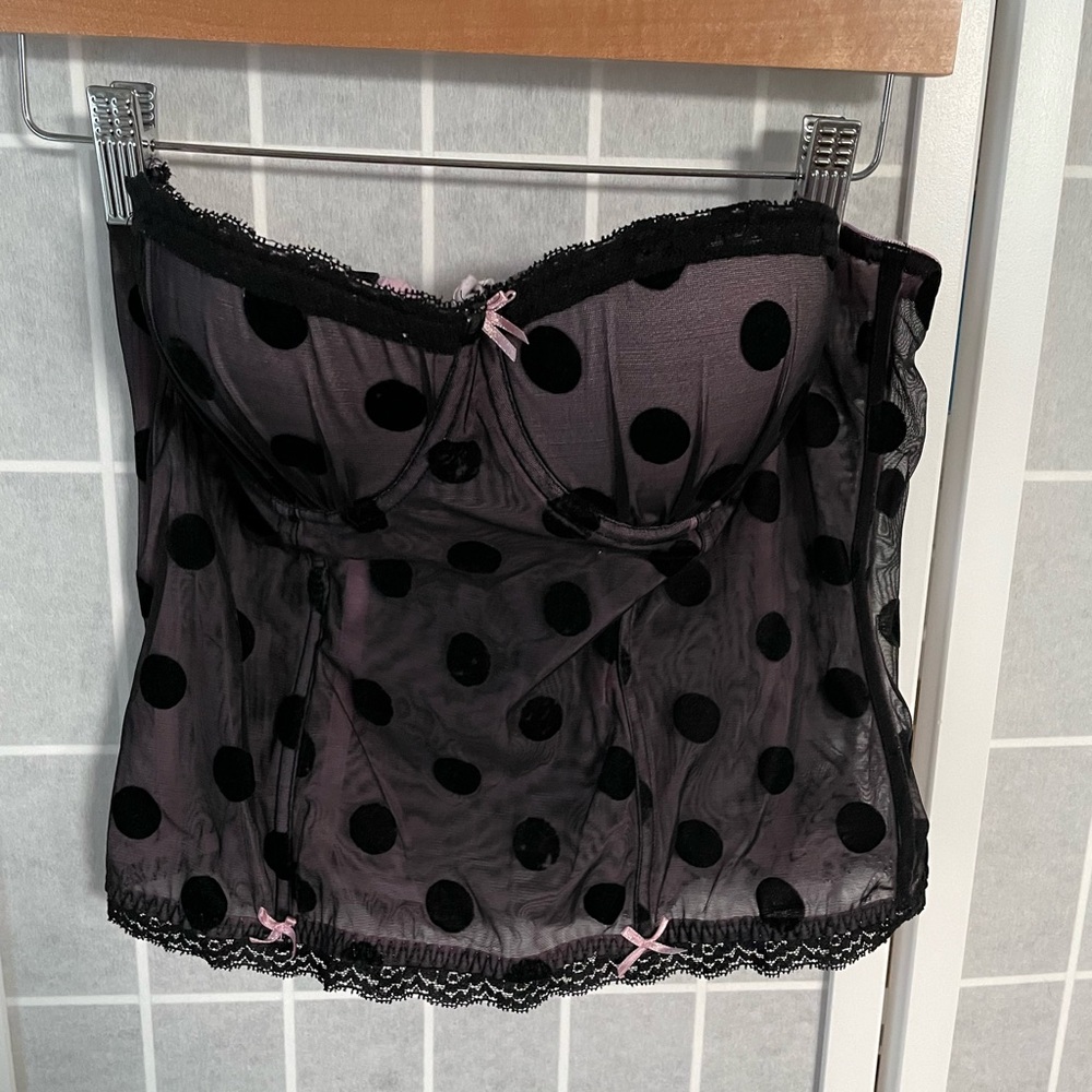 Yosi Strapless Bustier, Black Polka Dot, Size Small.